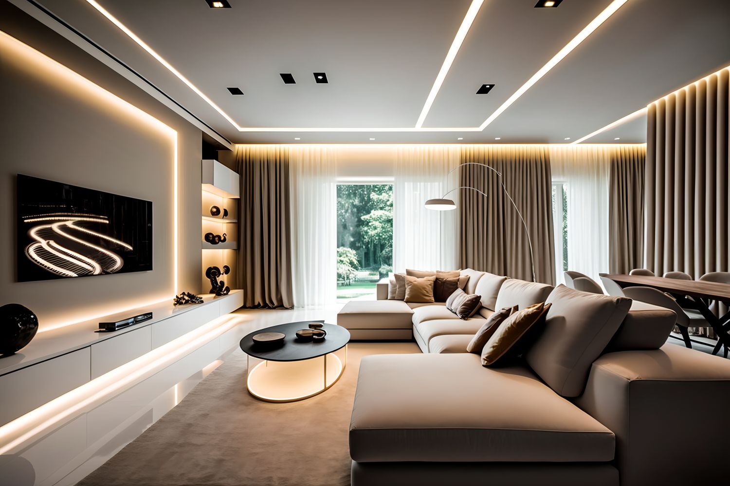 Salón de una casa iluminado con luz solar y tiras LED de color blanco 